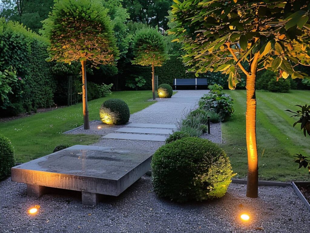 Jak zaaranżować ogród w stylu minimalistycznym z eleganckim oświetleniem punktowym